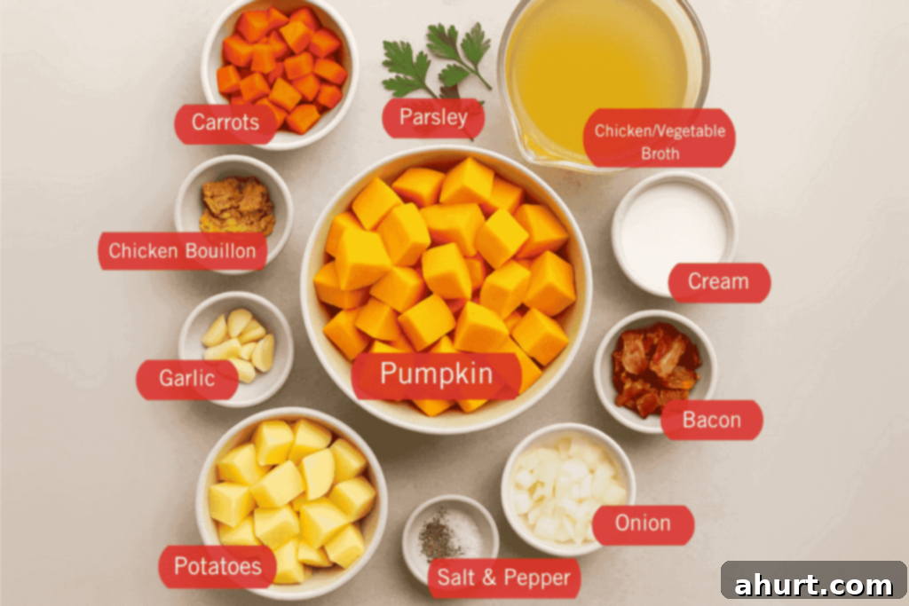 Velvety Golden Pumpkin Soup 4 Creamy pumpkin soup ingredients which are carrots, parsley, chicken/vegetable broth, chicken bouillon, garlic, pumpkin, potatoes, salt and pepper, onion, bacon, and cream