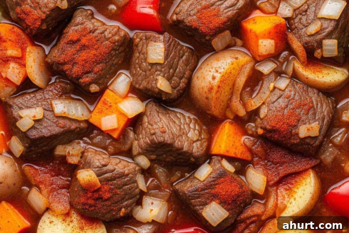 Hearty Slow Cooker Beef and Sweet Potato Stew 7 Beef and onions, tossing well to coat. Add broth, wine, tomatoes, paste, bouillon, sweet potatoes, baby potatoes, carrots, bell pepper, paprika, and bay leaves in a slow cooker.