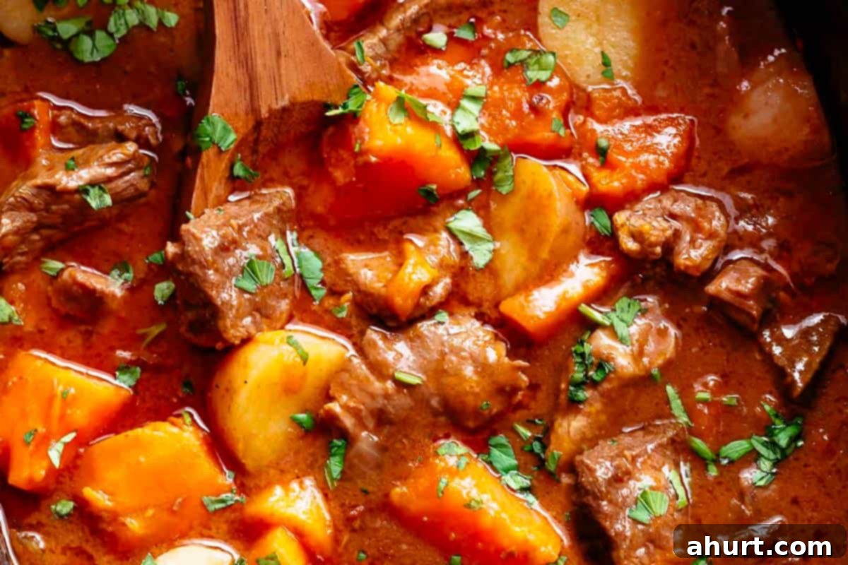 Hearty Slow Cooker Beef and Sweet Potato Stew 9 Close-up shot of Slow Cooker Beef Stew With Sweet Potatoes