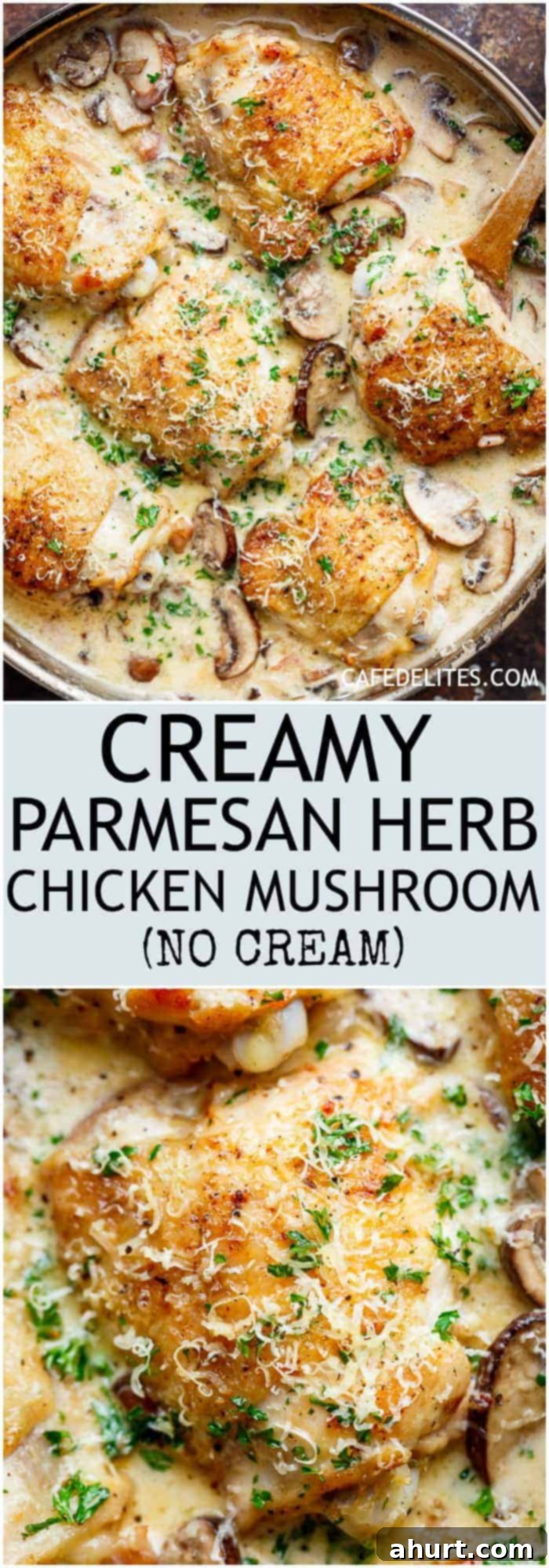 PIN this recipe: Creamy Parmesan Herb Mushroom Chicken in a pan, a perfect family dinner idea