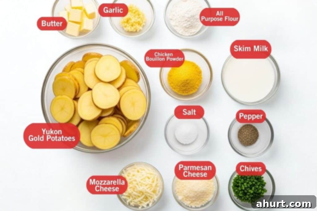 Creamy Parmesan Scalloped Potatoes 2 Ingredients for Garlic Parmesan Scalloped Potatoes laid out