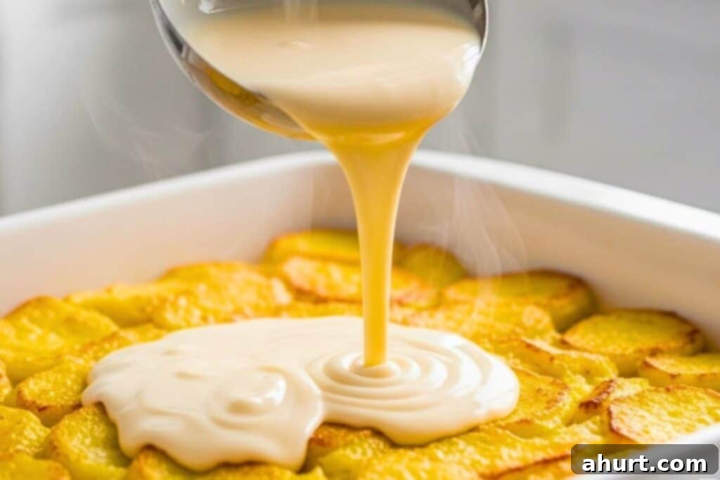 Creamy Parmesan Scalloped Potatoes 7 Step 5: Layering potatoes, sauce, and cheese