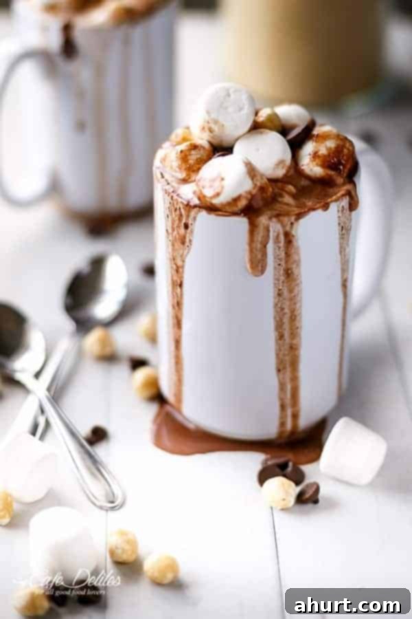 Velvet Nutella Hot Chocolate 2 Nutella Hot Chocolate in a long cup, topped with marshmallows and a drizzle of Nutella.