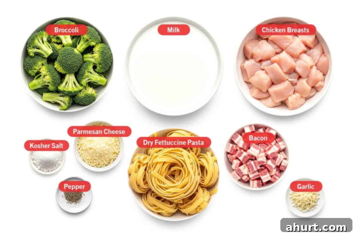Easy One Pot Chicken Bacon Fettuccine Alfredo 3 Top shot of ingredients: Fresh broccoli florets, creamy milk, raw chicken breasts, kosher salt, grated parmesan cheese, black pepper, dry Fettuccine pasta, crispy bacon, and minced garlic ready for One Pot Chicken Bacon Fettuccine Alfredo.