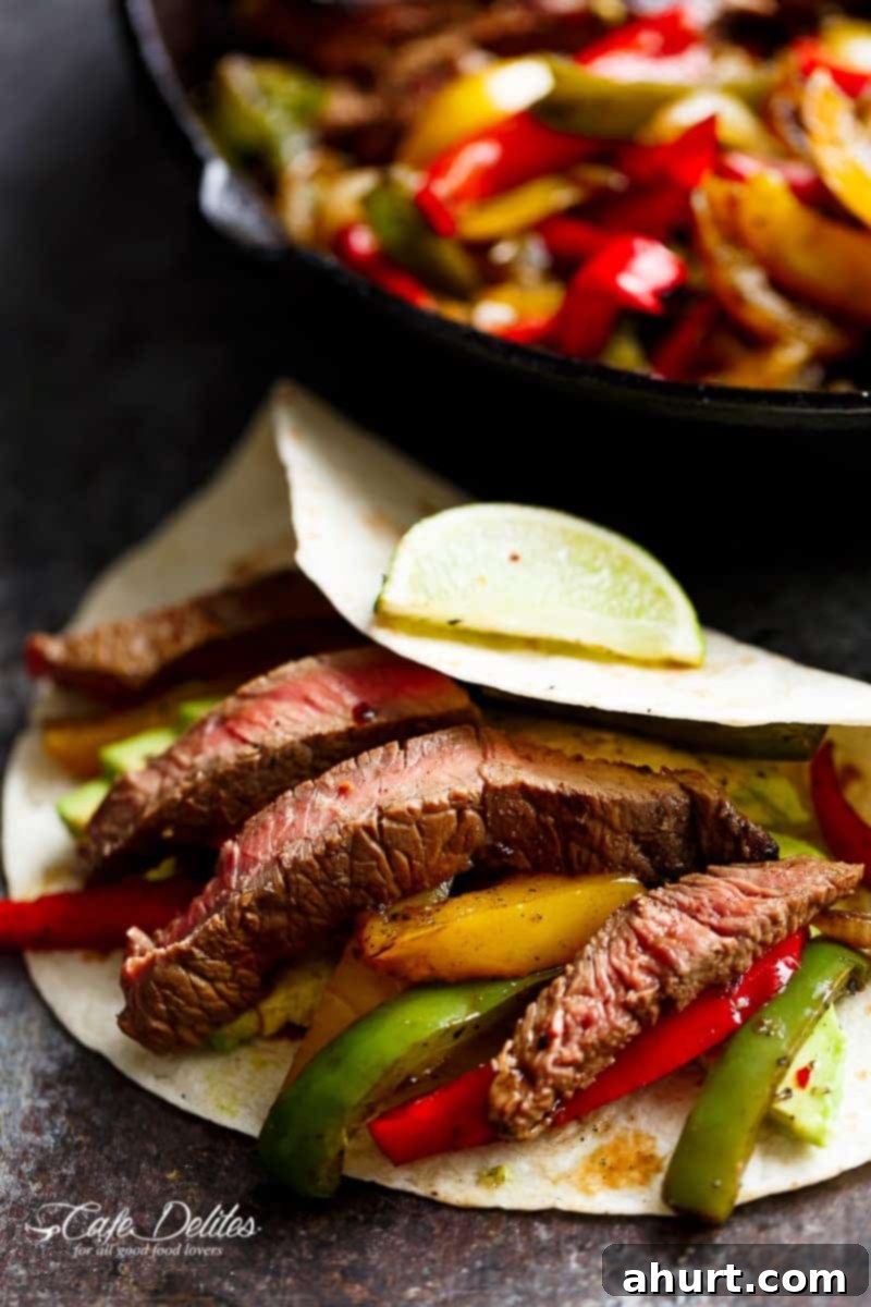 Chili Lime Steak Fajitas in tortilla