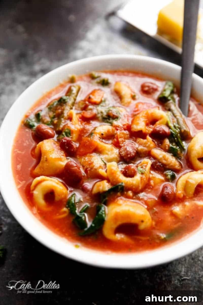 Comforting Crockpot Tortellini Minestrone 4 Top view image of Slow Cooker Tortellini Minestrone Soup in a bowl