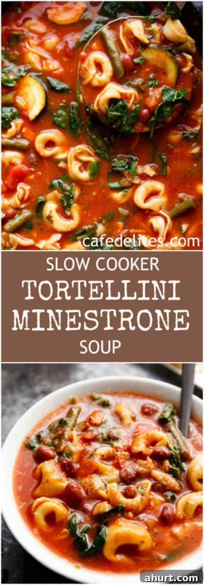Comforting Crockpot Tortellini Minestrone 6 PIN image of Slow Cooker Tortellini Minestrone Soup in a bowl