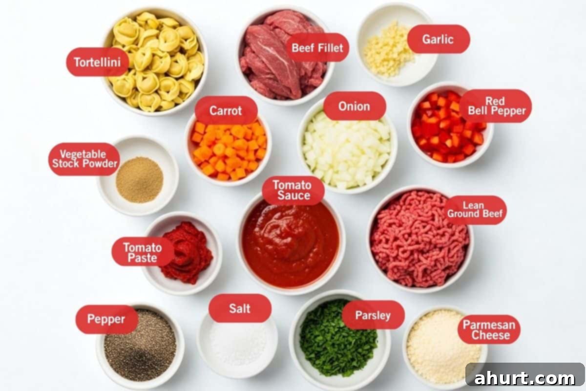Hearty Beef Tortellini with Chunky Sauce 3 Flat lay photo of ingredient shot of tortellini, beef fillet, garlic, red bell pepper, onion, carrot, vegetable stock powder, tomato paste, tomato sauce, lean ground beef, pepper, salt, parsley and parmesan cheese