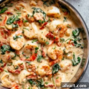 Creamy Tuscan Garlic Butter Shrimp 11 Creamy Garlic Butter Tuscan Shrimp coated in a light and creamy sauce filled with garlic, sun dried tomatoes and spinach in a pan