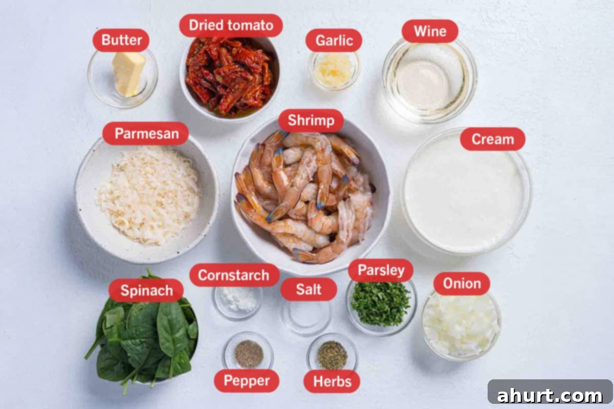 Creamy Tuscan Garlic Butter Shrimp 3 Image of the ingredients needed for the preparation of the recipe, specifically: shrimp, Parmesan, butter, dried tomatoes, garlic, wine, cream, spinach, cornstarch, salt, parsley, onion, pepper, and herbs.