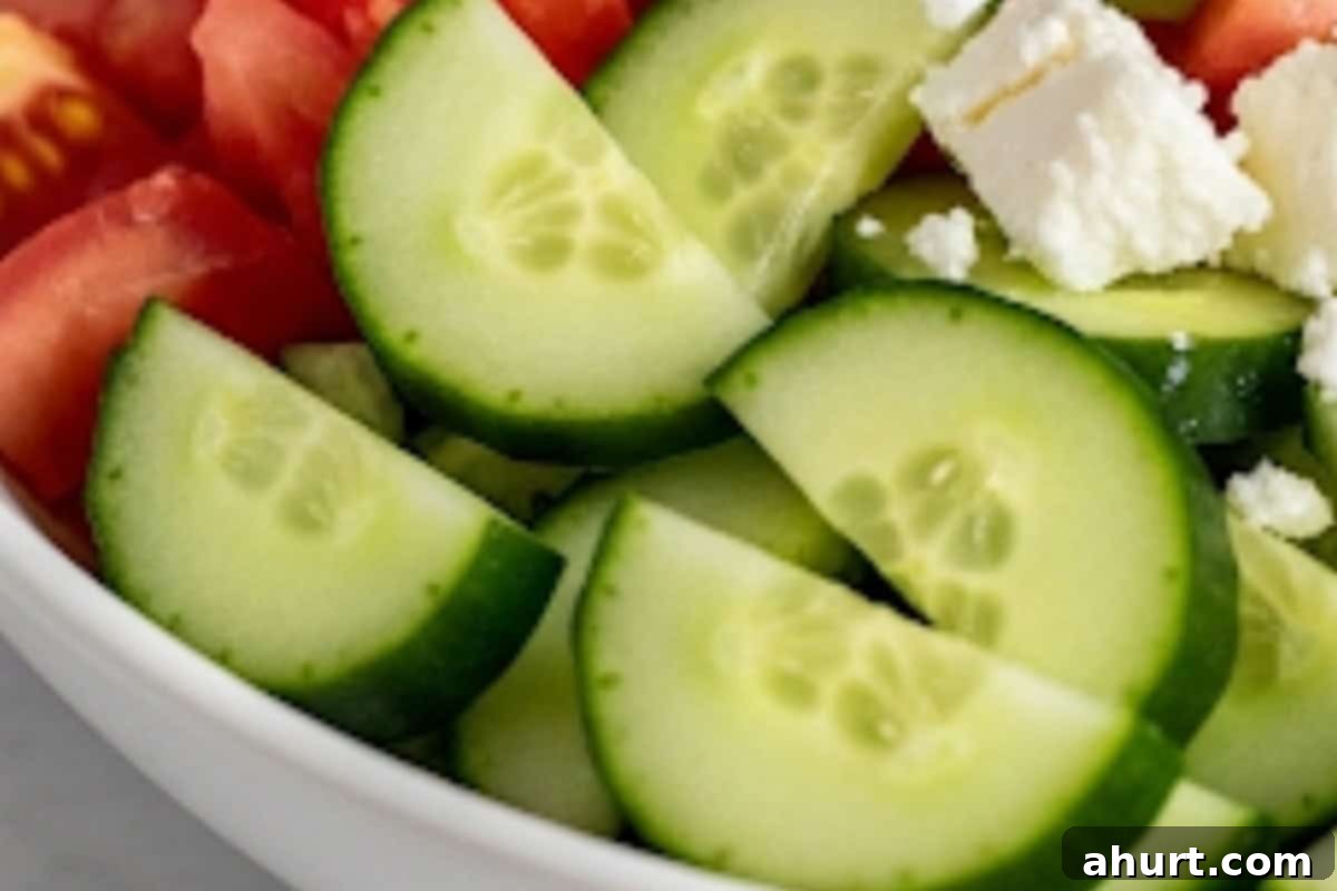 Perfect Greek Salad 5 Step 2: Slice cucumber, tomatoes, green pepper, and red onion, then dice avocado and cube feta cheese.