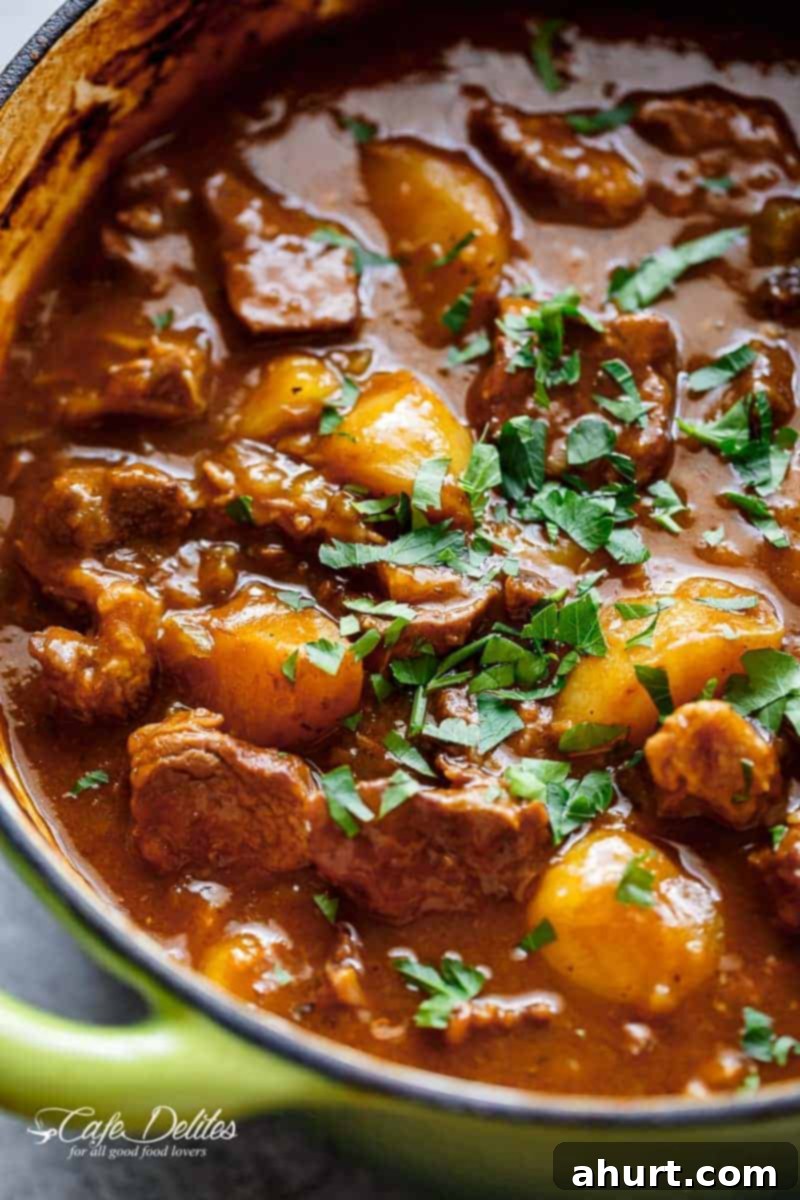 Hearty Guinness Beef Stew 3 Close-up image of a Beef And Guinness Stew in a bowl garnished with fresh parsley
