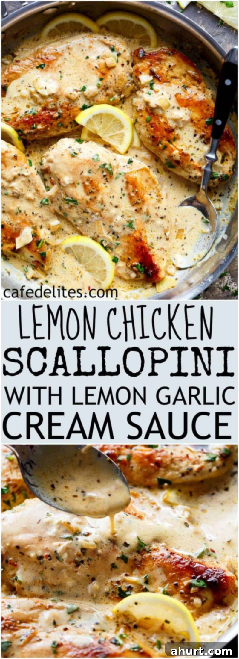 Creamy Lemon Garlic Chicken Scallopini 7 PIN image of Lemon Chicken Scallopini with Lemon Garlic Cream Sauce for Pinterest sharing.