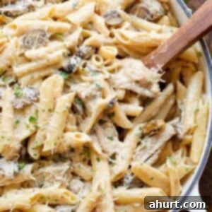 One-Pot Creamy Mushroom Chicken Pasta 11 Seared chicken strips mixed through this One-Pot Creamy Mushroom Chicken Pasta, with garlic, mushrooms AND parmesan cheese