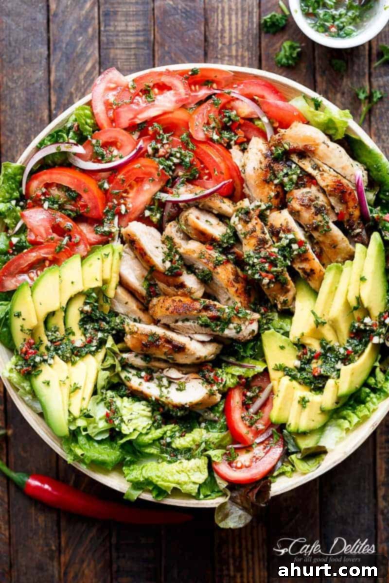 Grilled Chimichurri Chicken Avocado Salad in a bowl
