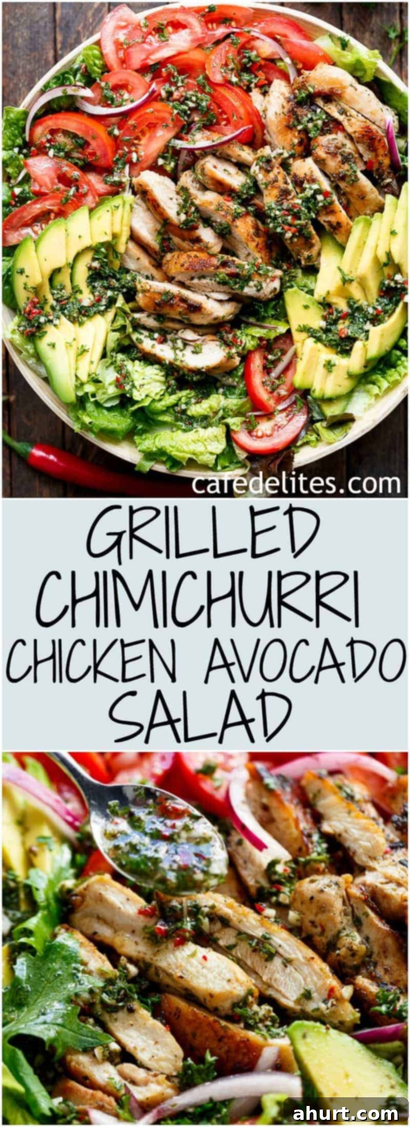 Zesty Grilled Chimichurri Chicken Avocado Salad 8 PIN image of Grilled Chimichurri Chicken Avocado Salad in a bowl