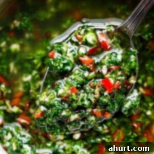 The Authentic Chimichurri of Uruguay and Argentina 8 A small serving spoon lifts a spoonful of vibrant chimichurri, showcasing green herbs and red chili pieces mixed with oil from a bowl.