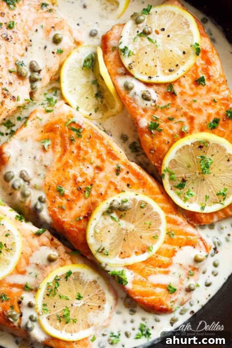 Velvety Salmon Piccata 3 Creamy Lemon Garlic Salmon Piccata is a classy yet easy salmon recipe you've been waiting for, with a delicious creamy lemon caper sauce!