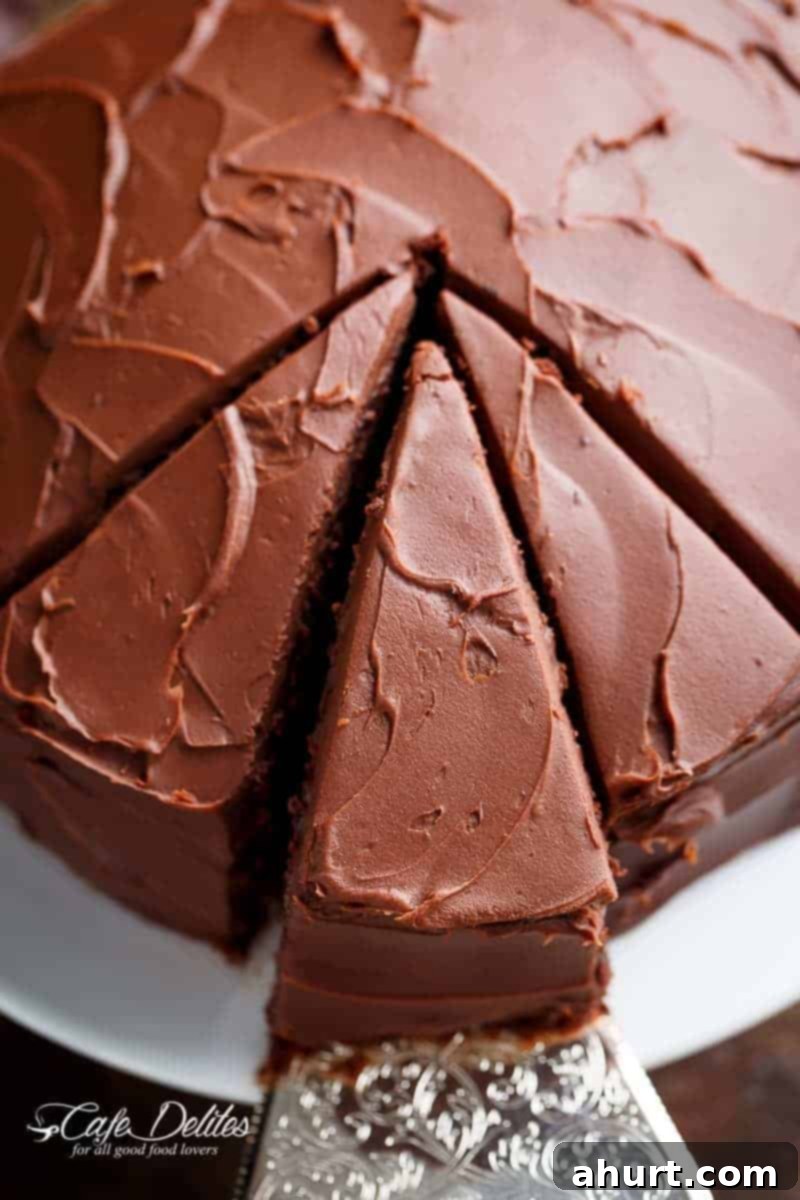 Decadently Fudgy Chocolate Cake 2 Fudgy Chocolate Cake cut into pieces, showing its rich, moist interior and glossy ganache.
