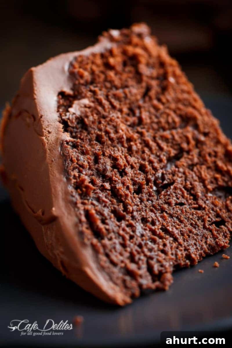 Decadently Fudgy Chocolate Cake 7 A huge piece of Fudgy Chocolate Cake ready to be enjoyed, covered in a luscious chocolate ganache.