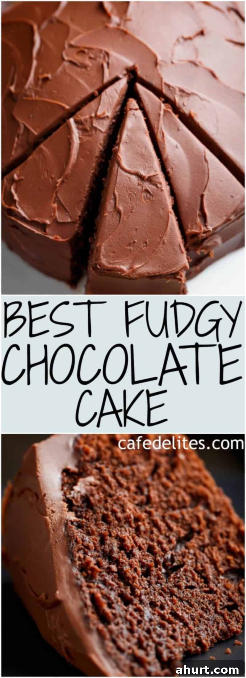 Decadently Fudgy Chocolate Cake 9 Fudgy Chocolate Cake PIN, a top-down view of the cake with a slice removed, inviting social sharing.