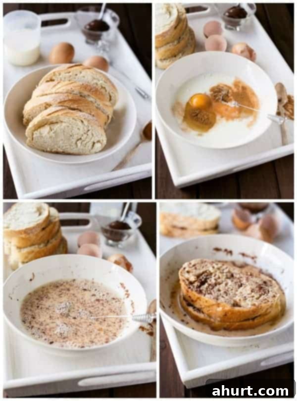 Collage on how to make Nutella Stuffed Churro French Toast 