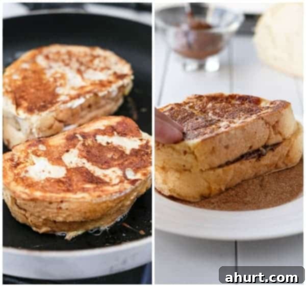 Nutella Stuffed Churro French Toast being cooked on a pan