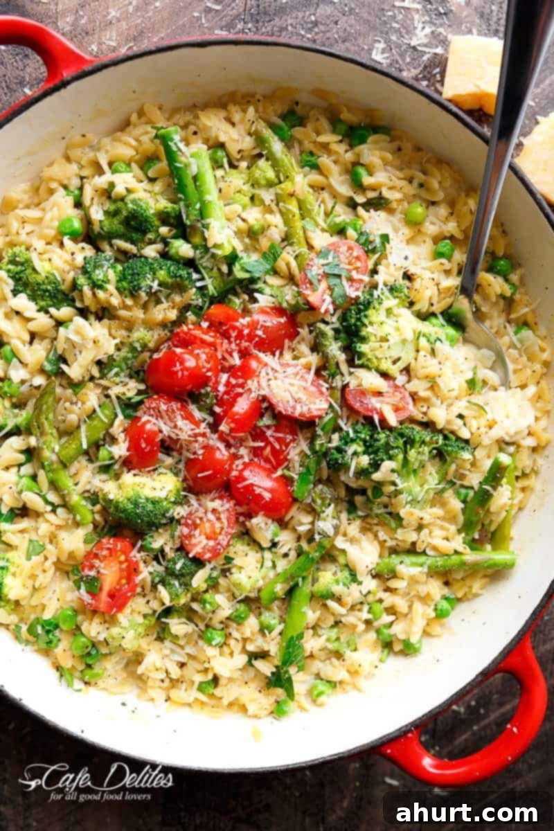 One-Pan Spring Orzo 2 One Pot Orzo Primavera is full of green vegetables and a beautiful sauce with a hint of cream, garlic and lemon!