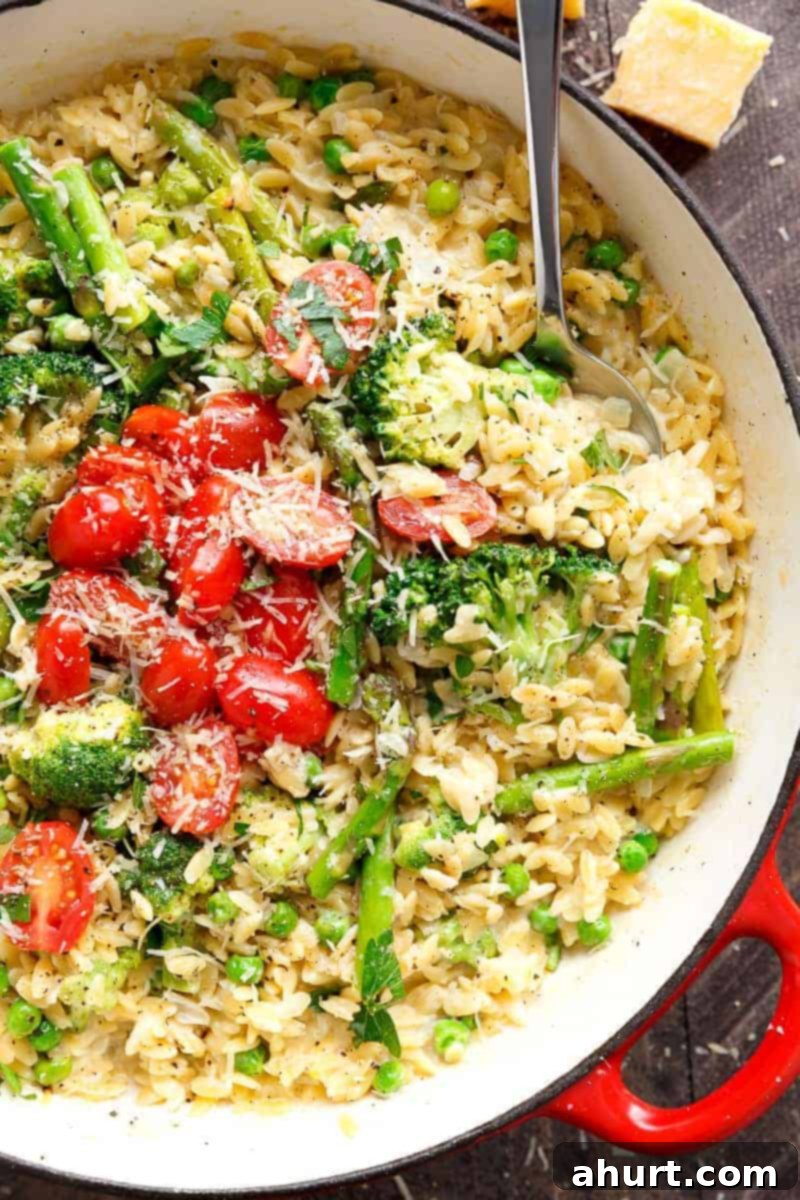 One-Pan Spring Orzo 4 One Pot Orzo Primavera is full of green vegetables and a beautiful sauce with a hint of cream, garlic and lemon!