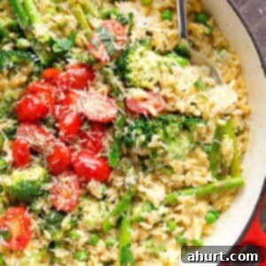 One-Pan Spring Orzo 5 One Pot Orzo Primavera is full of green vegetables and a beautiful sauce with a hint of cream, garlic and lemon!