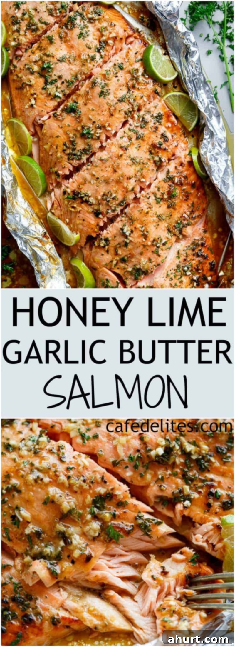 Zesty Honey Lime Garlic Butter Salmon 6 PIN image of Honey Lime Garlic Butter Salmon in foil, a close-up of the perfectly cooked dish