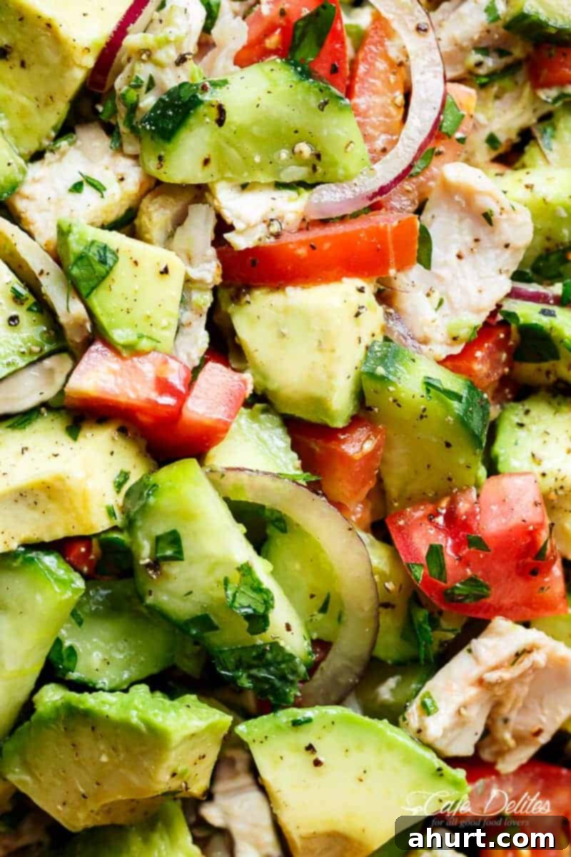 No-Cook Chicken Avocado Cucumber Salad 3 Close-up view of Quick And Simple Chicken Cucumber Avocado Salad, highlighting texture