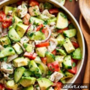 No-Cook Chicken Avocado Cucumber Salad 5 Quick And Simple Chicken Cucumber Avocado Salad in a bowl