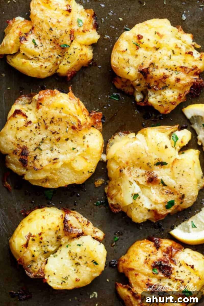Crispy Greek Lemon Smashed Potatoes are Crispy and golden on the outside, soft and fluffy on the inside kept on a pan