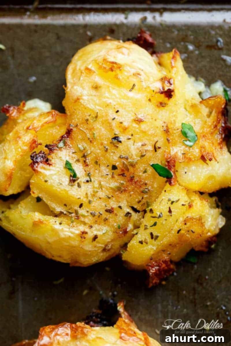Zoom in image of Crispy Greek Lemon Smashed Potatoes are Crispy and golden on the outside, soft and fluffy on the inside! 