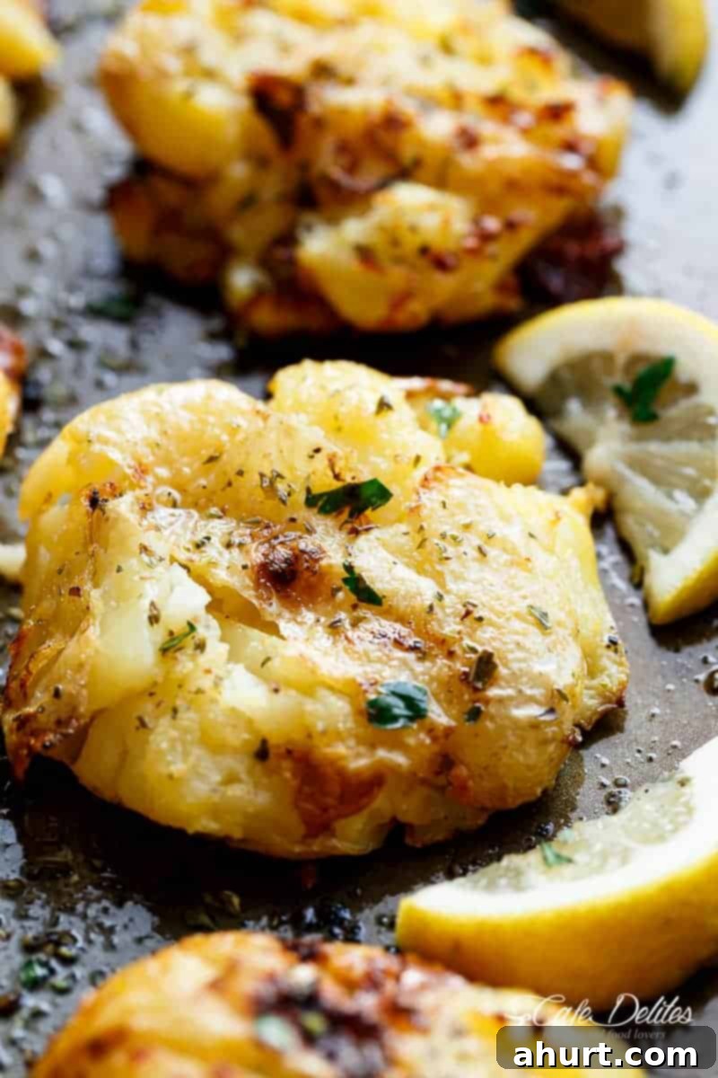 Side view zoom in image of Crispy Greek Lemon Smashed Potatoes are Crispy and golden on the outside, soft and fluffy on the inside! 