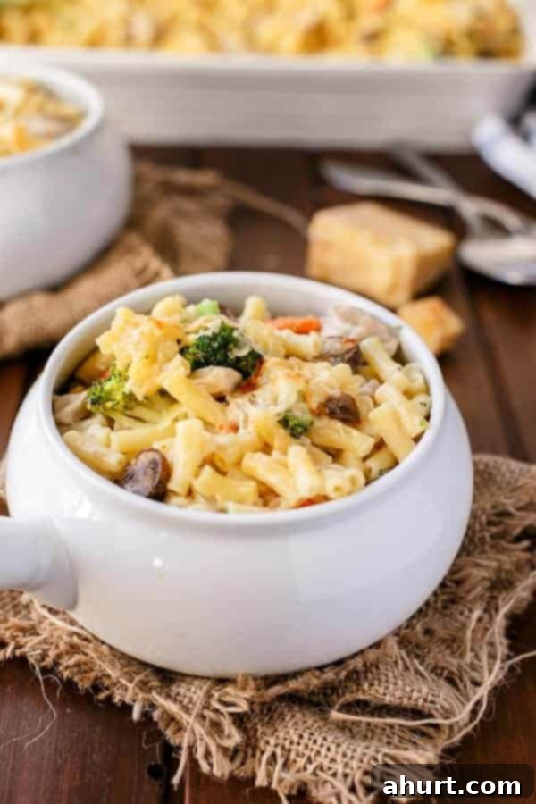 Creamy Chicken and Mushroom Macaroni Cheese Bake on a bowl