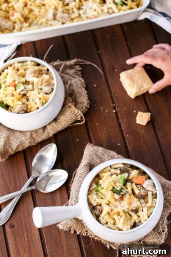 2 bowls filled with Creamy Chicken and Mushroom Macaroni Cheese Bake 