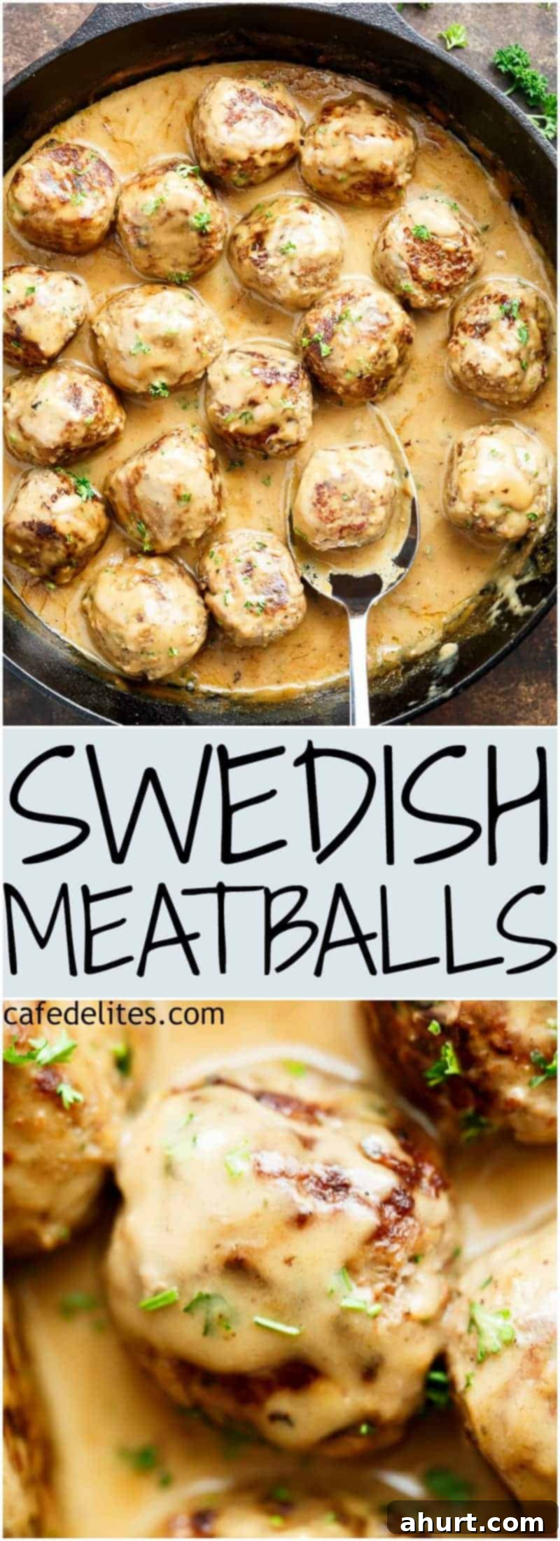 Delicious Homemade Swedish Meatballs 5 PIN Image of Swedish Meatballs recipe with creamy gravy and fresh herbs, perfect for Pinterest.