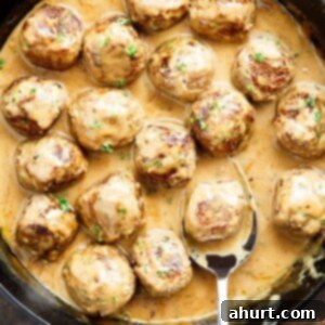 Delicious Homemade Swedish Meatballs 4 This Swedish Meatballs in a bowl, a close-up shot highlighting the creamy texture and inviting presentation.