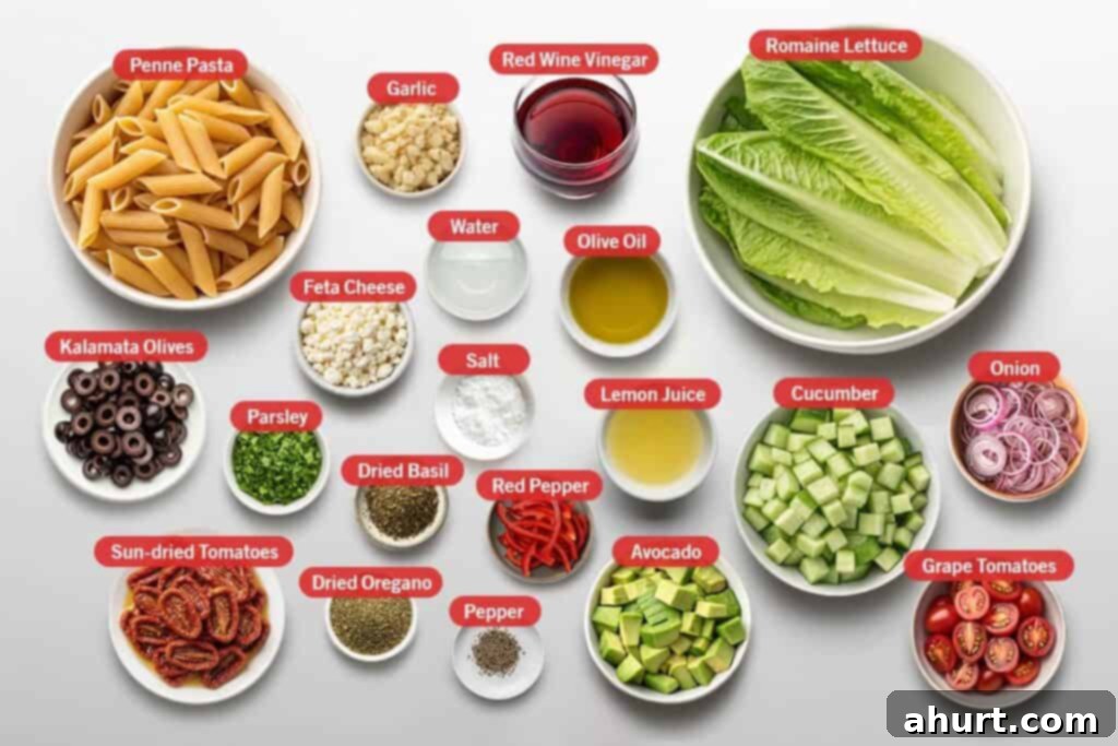 Zesty Mediterranean Pasta Salad 3 Flatlay of Mediterranean pasta salad ingredients arranged in bowls on a white surface. Items include penne pasta, garlic, red wine vinegar, romaine lettuce, olive oil, water, feta cheese, salt, lemon juice, cucumber, onion, grape tomatoes, avocado, red pepper, dried oregano, dried basil, parsley, kalamata olives, sun-dried tomatoes, and black pepper.