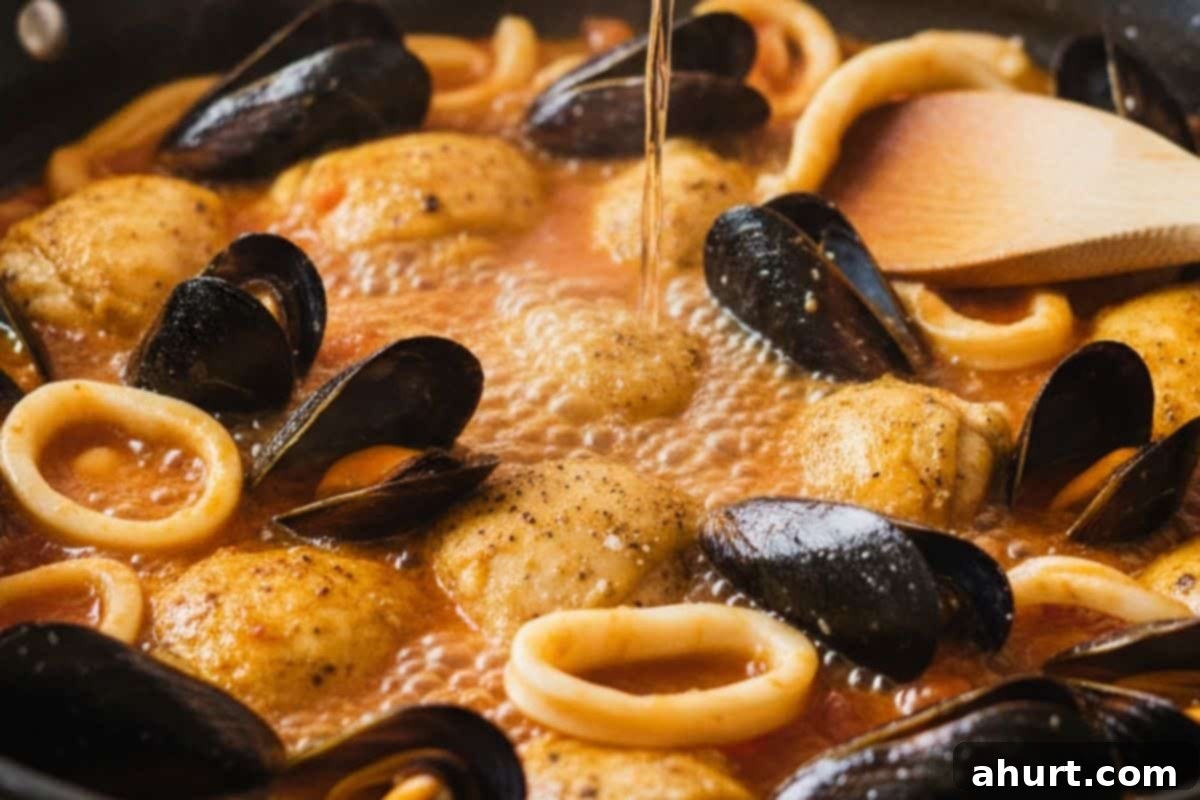 Paella Perfection 6 Toss in mussels and calamari, then pour in the wine and let simmer.