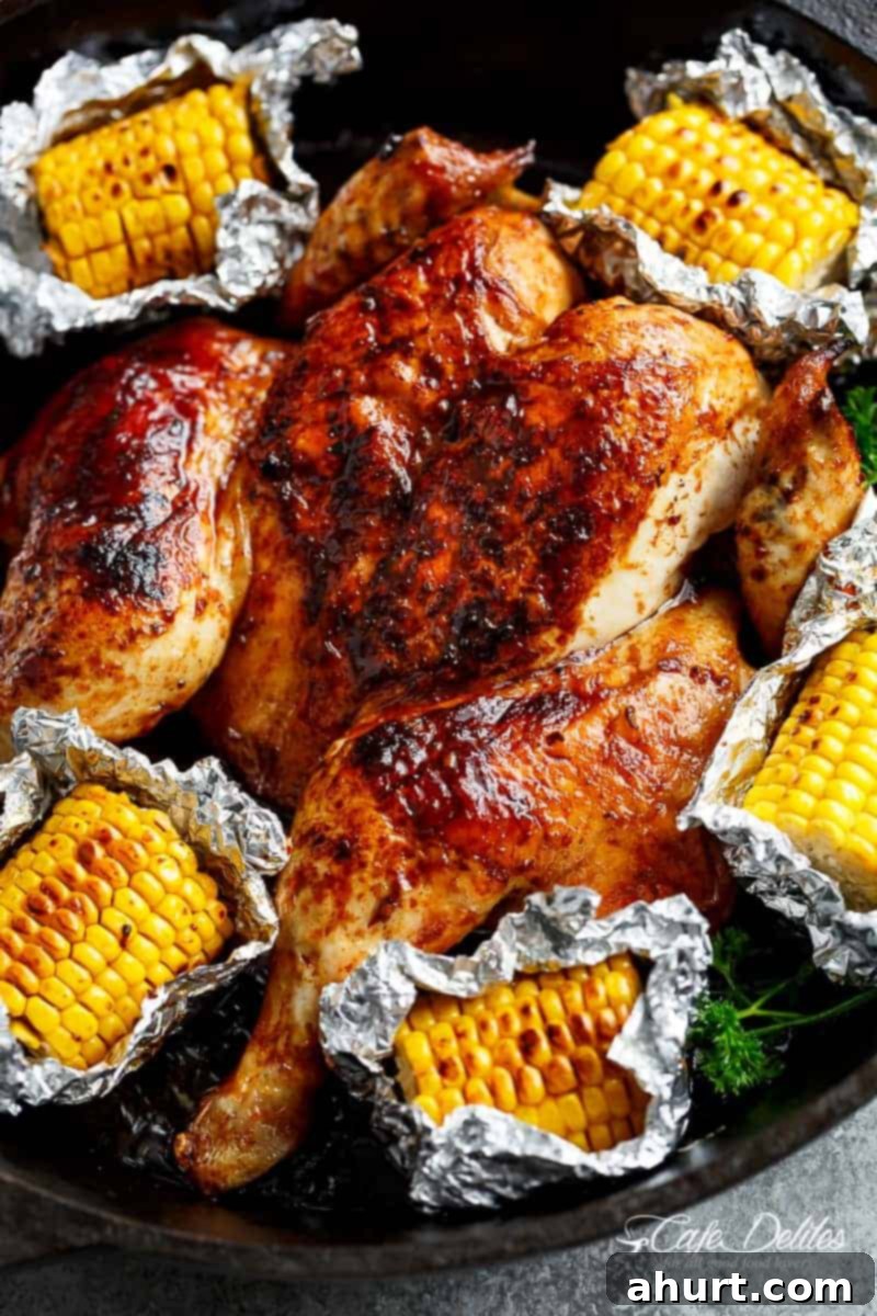 Portuguese Flame-Grilled Peri Peri Chicken 2 Top view image of Portuguese BBQ Peri Peri Chicken plus the addition of juicy corn cobs in foil packets are charred for added flavour.