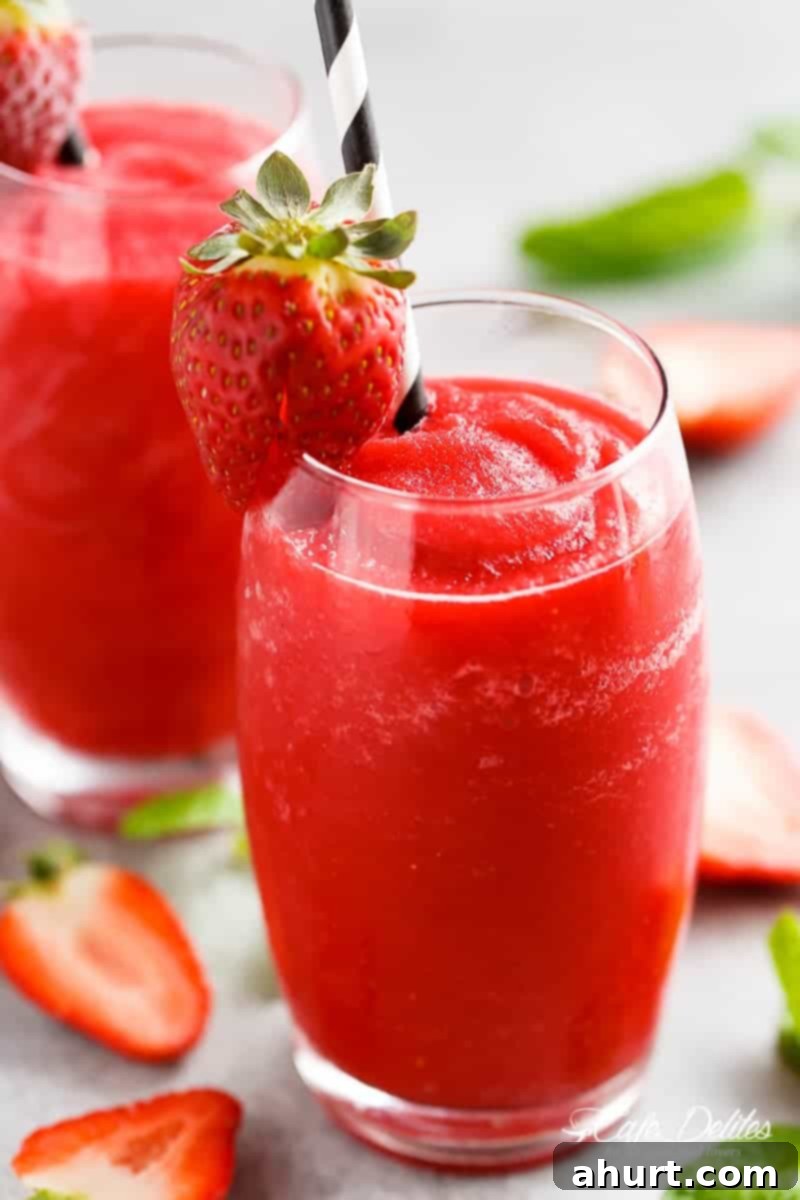 Frozen Strawberry Rosé 2 Refreshing Strawberry Rosé Slushies with fresh strawberry on top
