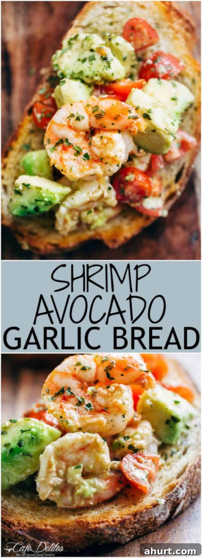 Zesty Shrimp Avocado Garlic Toast 6 PIN image of Shrimp Avocado Garlic on avocado garlic bread