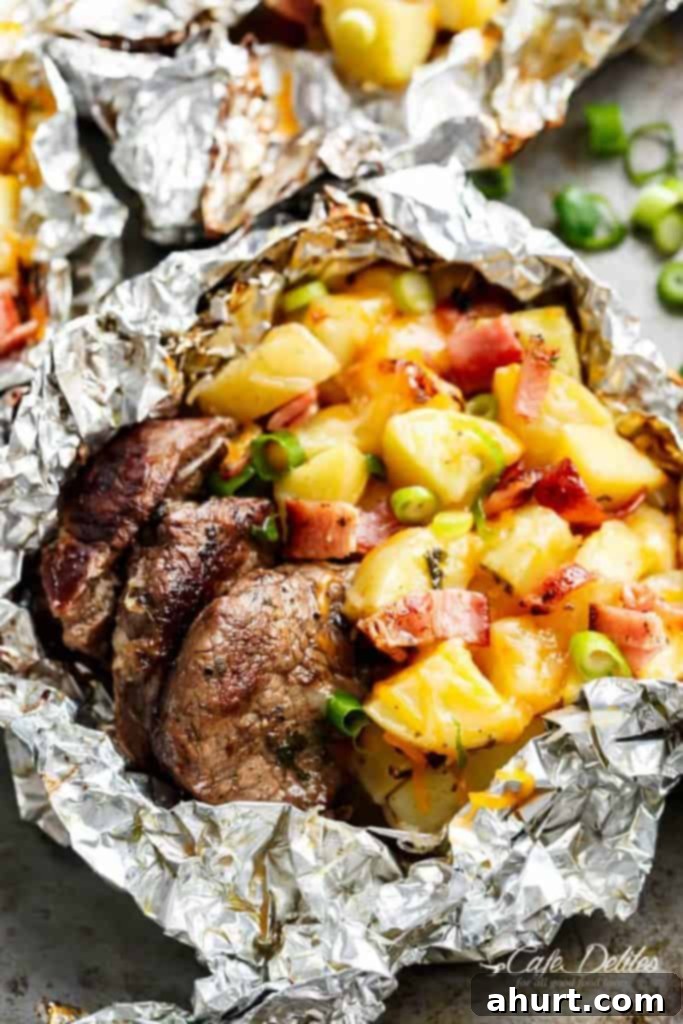 Garlic Butter Steak and Potatoes 2 Garlic Steak & Cheesy Bacon Potato Hash Foil Packs