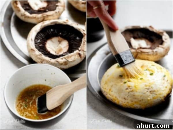 Savory Grilled Portobello Mushroom Bruschetta 4 Collage on How to make Grilled Bruschetta Portobello Mushrooms smothered in garlic butter, showing step-by-step preparation