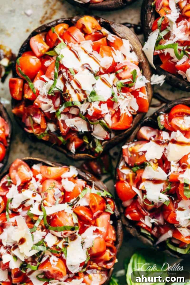 Savory Grilled Portobello Mushroom Bruschetta 5 Grilled Bruschetta Portobello Mushrooms smothered in garlic butter, ready to serve with a garnish of fresh basil