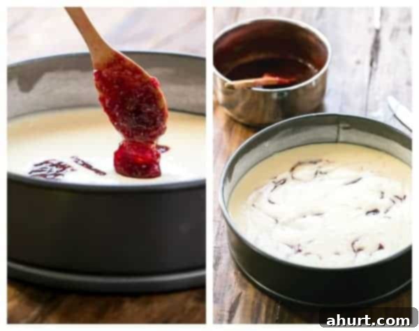 A second collage illustrating how to create the strawberry swirl effect in the cheesecake batter.