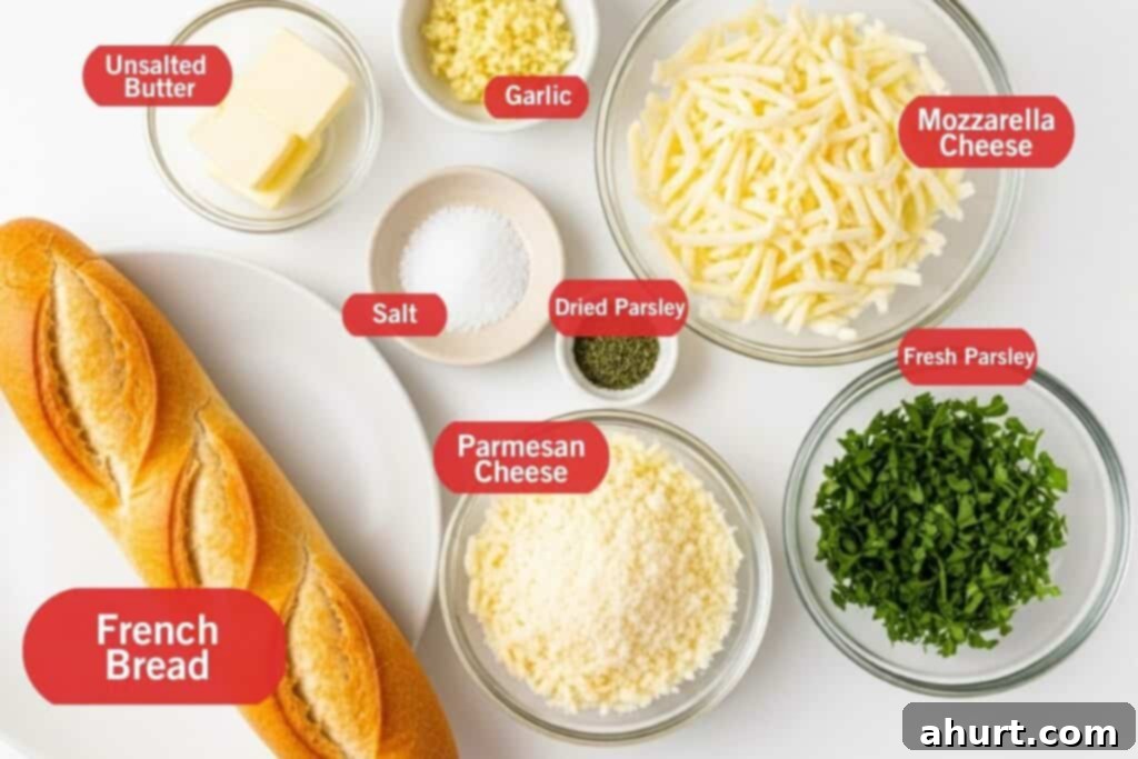 Foolproof Gooey Garlic Cheese Bread 3 Ingredients for Easy Cheesy Garlic Bread including bread, butter, garlic, and cheeses
